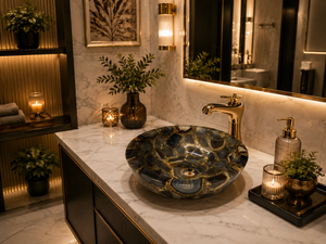 Lavabo de Piedra de Ágata, Lavabo de Baño de Lujo Hecho a Mano, Lavabo de Encimera de Piedra Preciosa Negra, Decoración de Spa - Product Image 1
