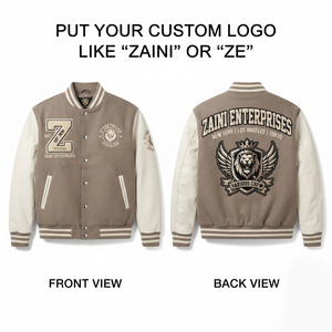 Veste universitaire personnalisée pour homme, 420 GSM, coton lourd, polaire polyester, taupe crème, broderie chenille, logo imprimé - Product Image 1
