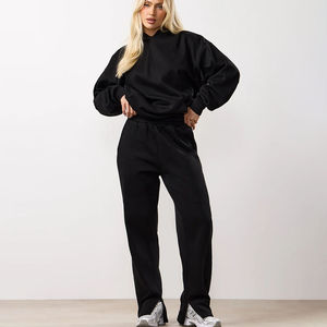 Conjunto Deportivo de 2 Piezas para Mujer, con Logotipo Personalizado, Color Negro Sólido, Informal, de Forro Polar, Transpirable, con Sudadera con Capucha y Pantalones Deportivos - Product Image 1