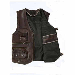Men's <b>Black</b> PU Leather Moto Biker <b>Vest</b> Zipper Closure Multiple Pockets Windproof Autumn Winter Wear - Product Image 4