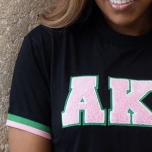 Custom <b>Black</b> <b>Women's</b> Embroidered Tee <b>Shirt</b> with AKA Lettering Short Sleeve Crew Neck Tee Pink Green Trim Casual Fashion - Product Image 4