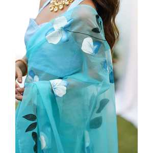 Sari en tissu organza pur, léger, transparent, dessiné à la main, séchage rapide, pour mariage, fête, usage quotidien, traditionnel - Product Image 2