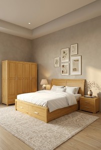 Ensemble de chambre moderne fabriqué au Vietnam, lits jumeaux en bois durables de plusieurs tailles, meubles de qualité pour la maison, lit, armoire, personnalisable, 3 pièces - Product Image 5