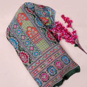 Pure Banarasi <b>Silk</b> Soft Jacquard Brocade Geometric Pattern Multi-Color Dark Green Base Medium Weight for Apparel-Wedding/Special - Product Image 2