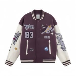 <b>Men's</b> Purple <b>White</b> Varsity <b>Jacket</b> Turn-down Collar Button Closure Embroidered Patch Design Regular Fit Autumn Wear Casual Style - Product Image 1