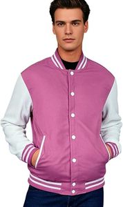 Men's <b>Purple</b> And White <b>Varsity</b> <b>Jacket</b> With Button Closure Regular Fit Turn-down Collar Polyester Material Autumn Wear - Product Image 2