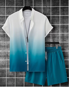 Men's Gradient Short Sleeve Shirt Shorts Set Breathable Knitted Casual Summer Wear Light Blue Drawstring Pants Outfit Quick Dry - Product Image 1