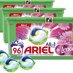 Cápsulas de Detergente para Ropa Ariel Pods Todo en Uno con Toque de Lenor, 96 Lavados, Aroma a Jazmín, Tabletas/Cápsulas Desechables de Gel 32x3 - Product Image 1