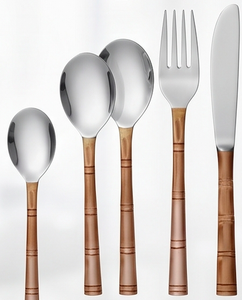 Ensemble de couverts en acier inoxydable avec manches en bambou naturel, élégants ustensiles de table pour les dîners, les mariages et les restaurants - Product Image 2