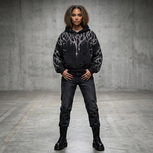 Sweat-shirt à capuche court noir personnalisé pour homme, avec strass, motif éclair et effet déchiré, style streetwear, pour grossistes - Product Image 3