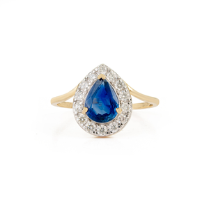 Bague de fiançailles et de mariage en or jaune massif 14 carats de qualité supérieure, saphir bleu et halo de diamants, meilleur prix, fabricant de bijoux - Product Image 1