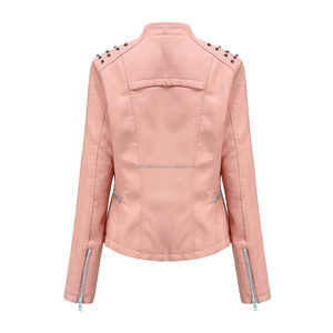Chaqueta de cuero estilo motorista rosa claro para mujer, informal, ajustada, con tachuelas, hombros, bolsillos asimétricos con cremallera, remache, viscosa - Product Image 2