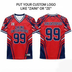 Custom Men American Football Jersey 220 GSM Premium Polyester <b>Mesh</b> Sublimation Printed <b>Red</b> Blue Panel Design Team Logo - Product Image 1