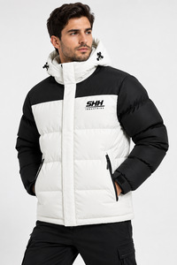 <b>Men's</b> Hooded Puffer Jacket Black <b>White</b> Color Block Padded Winter <b>Coat</b> with Zip Pockets Custom Outdoor Streetwear Wholesale - Product Image 6