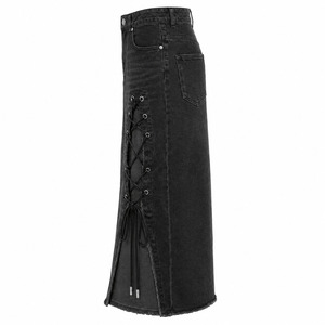 Lace-Up Denim Skirt for Women, Washed Black Maxi Jean Skirt with Side Slit, Eyelets, Gothic Streetwear - Product Image 3