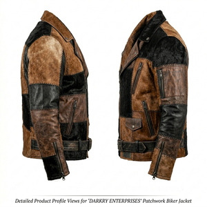 Chaqueta de cuero asimétrica de patchwork para hombre al por mayor, proveedor y fabricante de ropa exterior de moto de piel de vaca con pelo personalizada - Product Image 4
