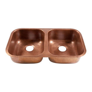 Fregadero de cobre de doble sección estilo rústico para cocina, lavabo de metal de alta calidad con diseño martillado de cobre antiguo - Product Image 1