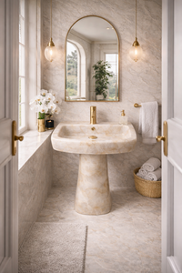 Vasque de salle de bain sur piétement en onyx naturel de luxe avec robinet doré, lavabo moderne en marbre - Product Image 2