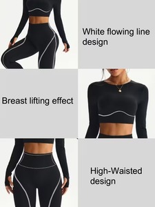 Seamless 2 Piece Gym Outfits Women Contrast Piping Long Sleeve Crop Top with High Waisted Lift <b>Workout</b> Leggings Activewear Set - Product Image 5