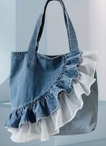 Sac à bandoulière en jean à volants pour femme, sac fourre-tout tendance avec deux anses, grande fermeture éclair, idéal pour le quotidien, le shopping, les voyages, écologique - Product Image 3