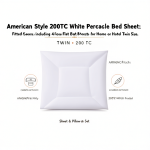 Parure de draps en percale blanche 200TC style américain, comprenant 4 pièces (draps-housses et draps plats) pour la maison ou l'hôtel, taille double. - Product Image 2