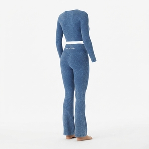 <b>Women</b> Blue Acid Wash Yoga Set Long Sleeve <b>Crop</b> Top High Waist Flare <b>Leggings</b> Gym Fitness Workout Activewear - Product Image 2