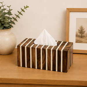 Boîte à mouchoirs luxueuse en bois rayé fait main avec incrustations, support rectangulaire moderne et écologique pour serviettes, idéal pour la maison, le bureau et les hôtels - Product Image 4