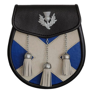 Sporran semi-formel fait main en cuir véritable, motif drapeau écossais, avec emblème de chardon sur la rabatte, accessoires Highland - Product Image 1