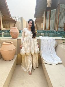 Cream Anarkali Gown Pantufla Dupatta Long Sleeve Party Dress Indian Pakistani Clothing - Product Image 2