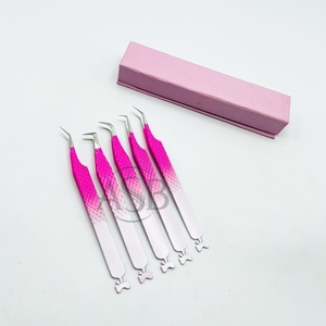 Pince à cils rose et blanc ombré bicolore avec poignée diamantée, en acier inoxydable personnalisé, à pointe en fibre, avec nœud - Product Image 4