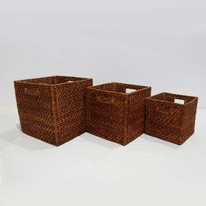 New Design Eco-Friendly Natural Rattan Multi-Purpose Storage <b>Basket</b> Square Diagonal <b>Weave</b> Dark Brown Cube Set of 3 - Product Image 3