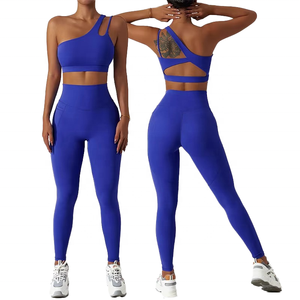 <b>Women</b> One Shoulder Stand Neckline Breathable Sports Bra High Waist <b>Leggings</b> 2 Piece Set Blue Cut-Out Seamless Yoga Activewear - Product Image 1