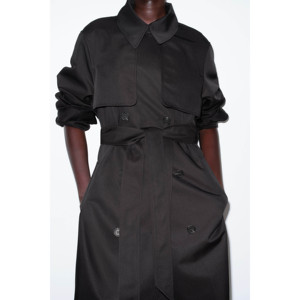 MANWA Manteau trench long noir pour femme, à simple boutonnage, imprimé, respirant, à col mandarin, à capuche, avec décoration en cristaux - Product Image 5
