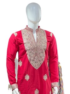 <b>Men's</b> Red Silk <b>Kurta</b> With Embroidered V-Neck And Mirror Work For Wedding And Festival Wear India Pakistan Traditional Style - Product Image 4