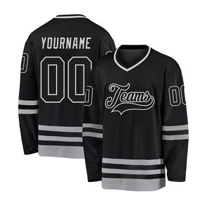 Maillot de hockey sur glace personnalisé pour homme, noir, col en V, sublimation intégrale, polyester anti-humidité, manches longues, sangle réglable, adulte - Product Image 1