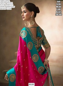 Sari Tradicional de Seda Bordado en Satén Color Fucsia Teal Heritage para Mujer, Sin Arrugas, para Invierno, Diwali, Bodas y Fiestas - Product Image 4