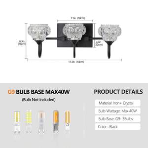 17\" <b>Retro</b> 3-<b>Light</b> Bathroom Vanity Fixture <b>Wall</b> Mounted Lighting Black Finish Crystal Glass Shades for Powder Room Vanity Mirror - Product Image 6