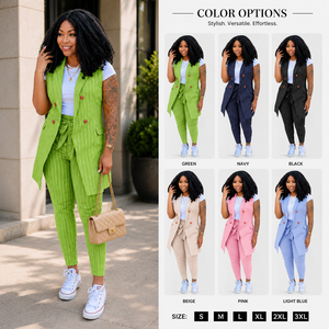 2026 Fall Office Casual Two-Piece Pants <b>Set</b> for Women Daily Wear Striped Print Sleeveless <b>Blazer</b> Button Decoration Worsted - Product Image 5