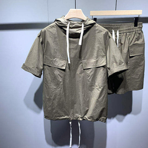 <b>Men</b> Hooded Short Sleeve <b>Shirt</b> Jacket Solid Color Polyester Casual <b>Winter</b> Wear Breathable Loose Fit Front Pocket Design - Product Image 1