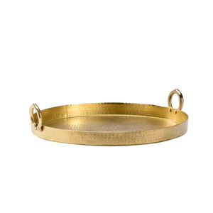 Luxury <b>Round</b> Hammered Gold Metal Serving Tray with Ring Handles Antique Brass Decorative Platter for <b>Coffee</b> <b>Table</b> Ottoman & Bars - Product Image 1