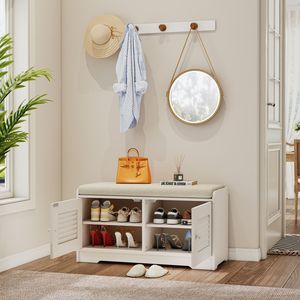28.74\" White Entryway Shoe <b>Storage</b> Bench with 2 Door Cabinet and Adjustable Shelf <b>Cushioned</b> Shoe Rack - Product Image 5