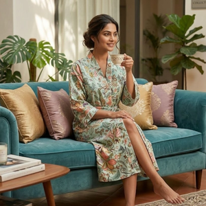 Robe Kimono Vintage en Coton à Motifs Floraux Vert Sauge, Manches Longues, Col en V, Peignoir Long Fait Main pour la Détente et les Vacances - Product Image 6