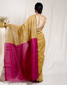 Sari en coton et soie Khadi KV Luminous Golden & Pink avec blouse non cousue - Product Image 2