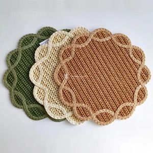 Flower Shaped Woven Placemat Non Slip <b>Table</b> Mat Bohemian Style 400mm Diameter Green Brown Beige Color Options - Product Image 2
