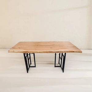 Industrial Live Edge <b>Solid</b> <b>Wood</b> Dining <b>Table</b> with Black Geometric Metal Legs - Modern Rustic Furniture | Pindel Handicraft - Product Image 1
