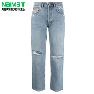 High Waist Light Blue Ripped Straight Leg Jeans for Women Distressed Denim Pants with Raw Hem and Five Pockets - Product Image 1