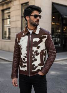 Veste en cuir de vache véritable pour homme, imprimé animal, col rabattu, fermeture éclair, style motard, vêtements d'hiver - Product Image 4