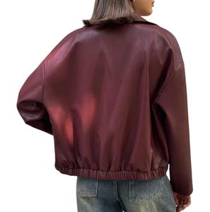 Blouson bomber en cuir uni pour femme, fermeture éclair, col montant, poches, longueur au-dessus du genou, pour un style décontracté et streetwear - Product Image 6