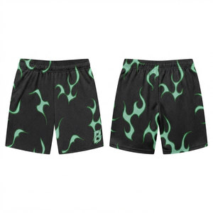 Premium 180 GSM Polyester Mesh <b>Men</b> <b>Shorts</b> <b>Black</b> Green Flame Print Breathable Custom Logo Sublimation Embroidery Screen Print - Product Image 1