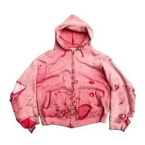 Sweat à capuche personnalisé avec fermeture éclair, broderie effet pierres précieuses et paillettes, délavé soleil, vintage, vieilli, déchiré, effet délavé à l'acide et orné de diamants - Product Image 5